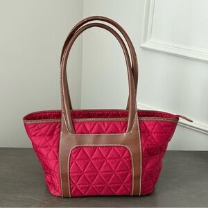 Ann Taylor LOFT Quilted Red and Brown Tote Handbag w/ Leather Straps